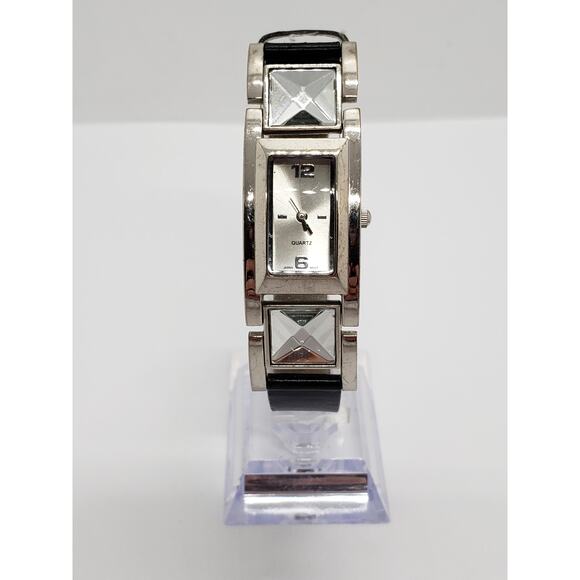 Women\'s dress watch. Silver iridescent square face. Jewels connect face to band main image 5